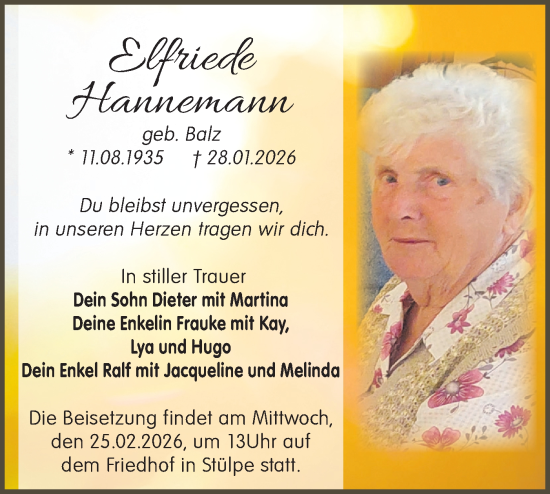 Traueranzeige von Elfriede Hannemann von Blickpunkt Jüterbog/Luckenwalde