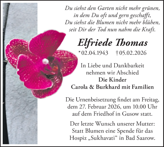 Traueranzeige von Elfriede Thomas von MO Oderld.-Echo