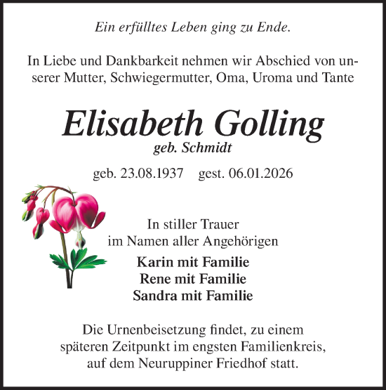 Traueranzeige von Elisabeth Golling von Märkische Oderzeitung