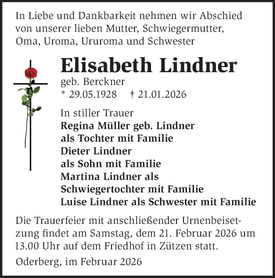 Traueranzeige von Elisabeth Lindner von Märkische Oderzeitung