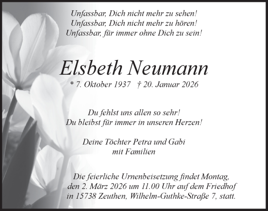 Traueranzeige von Elsbeth Neumann von Blickpunkt Königs Wusterhausen