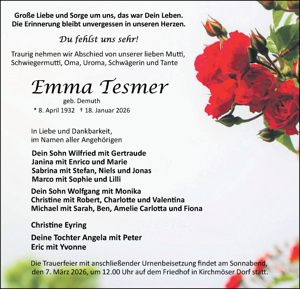  Traueranzeige für Emma Tesmer vom 07.02.2026 aus Märkische Oderzeitung