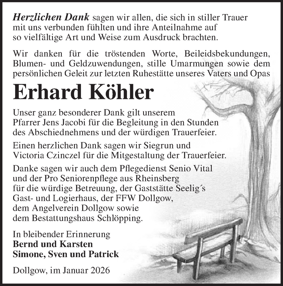  Traueranzeige für Erhard Köhler vom 07.02.2026 aus Märkische Oderzeitung