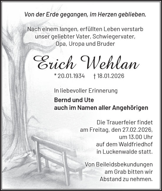Traueranzeige von Erich Wehlan von Blickpunkt Jüterbog/Luckenwalde