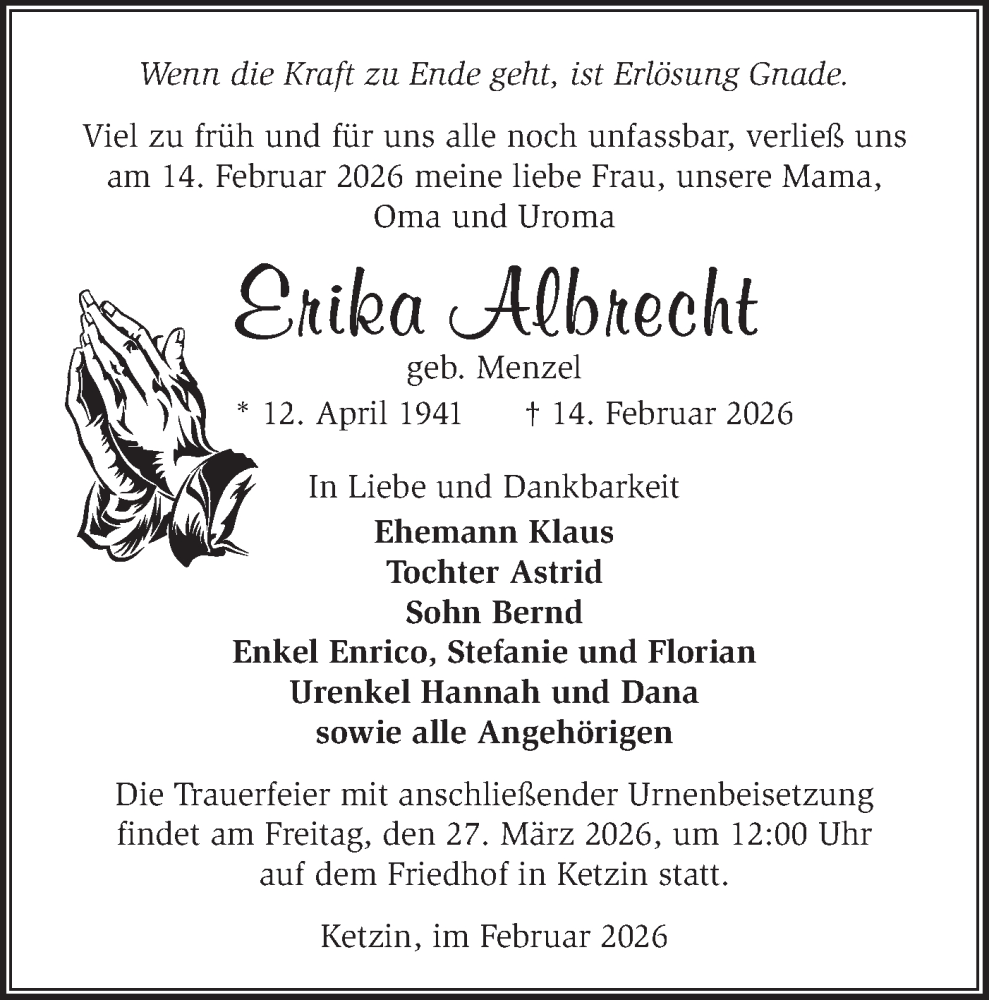  Traueranzeige für Erika Albrecht vom 21.02.2026 aus Märkische Oderzeitung