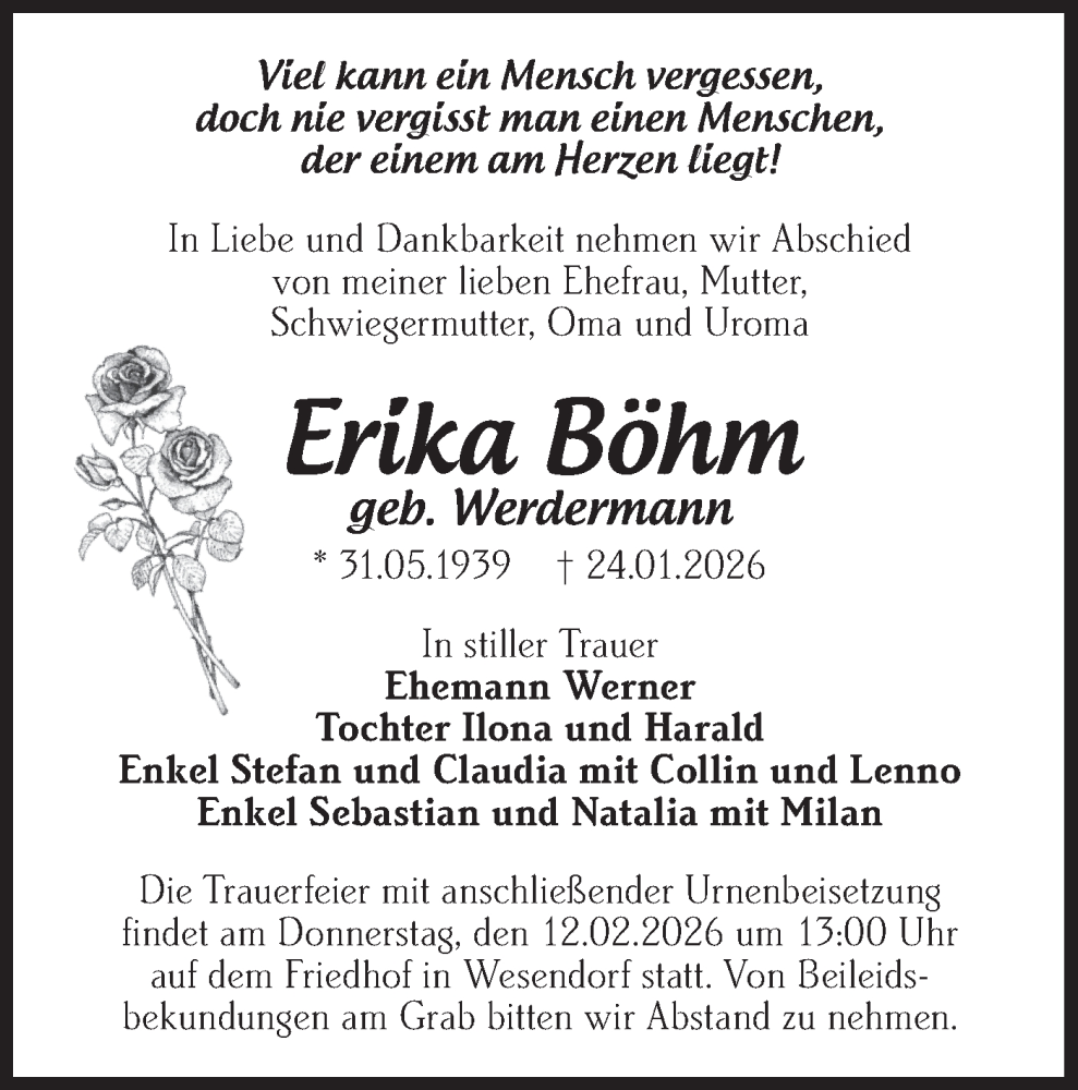  Traueranzeige für Erika Böhm vom 07.02.2026 aus Märkische Oderzeitung