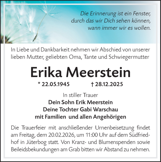Traueranzeige von Erika Meerstein von Blickpunkt Jüterbog/Luckenwalde