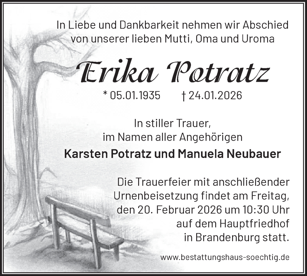  Traueranzeige für Erika Potratz vom 07.02.2026 aus Märkische Oderzeitung