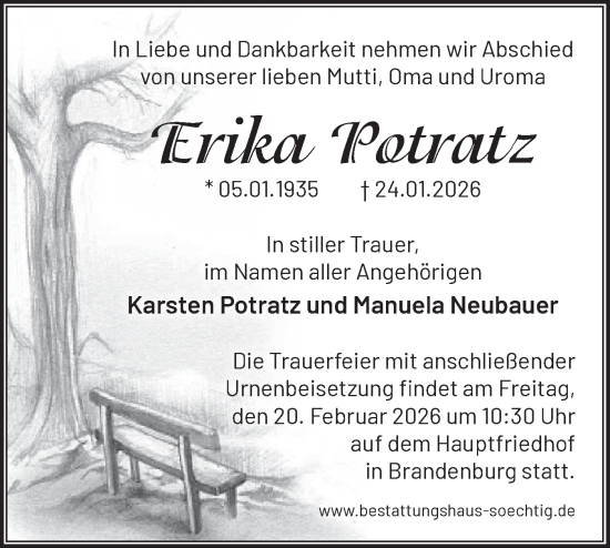 Traueranzeige von Erika Potratz von Märkische Oderzeitung