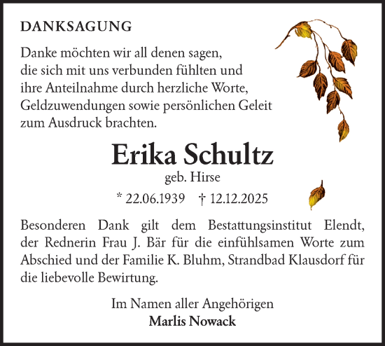 Traueranzeige von Erika Schultz von Blickpunkt Ludwigsfelde/Zossen