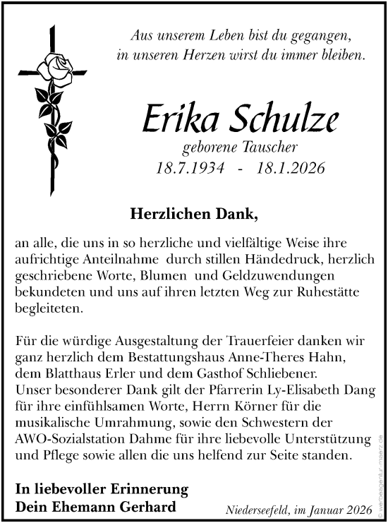 Traueranzeige von Erika Schulze von Blickpunkt Jüterbog/Luckenwalde
