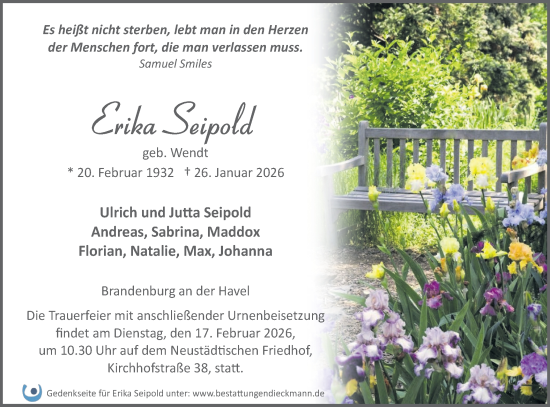 Traueranzeige von Erika Seipold von Märkische Oderzeitung