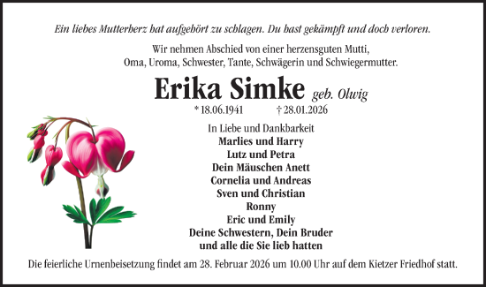 Traueranzeige von Erika Simke von Märkische Oderzeitung