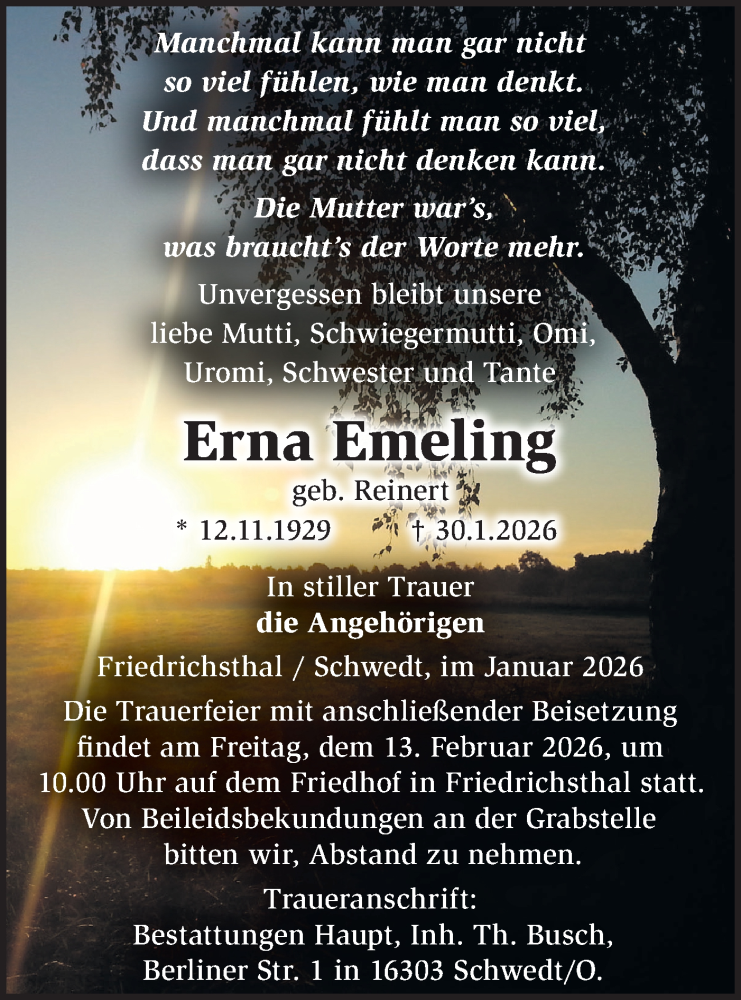  Traueranzeige für Erna Emeling vom 07.02.2026 aus MO Uckerm.-Anz.