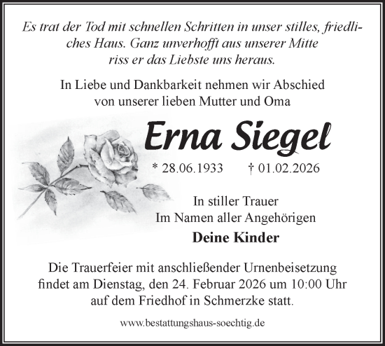 Traueranzeige von Erna Siegel von Märkische Oderzeitung