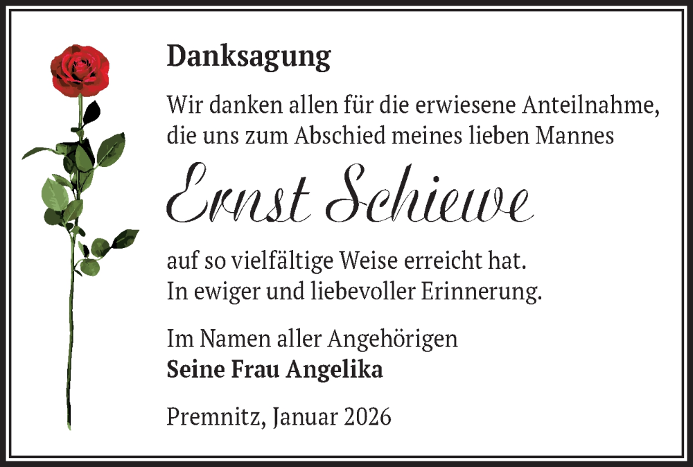  Traueranzeige für Ernst Schiewe vom 07.02.2026 aus Märkische Oderzeitung