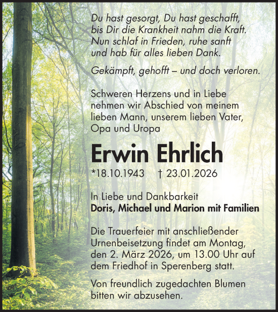 Traueranzeige von Erwin Ehrlich von Blickpunkt Ludwigsfelde/Zossen