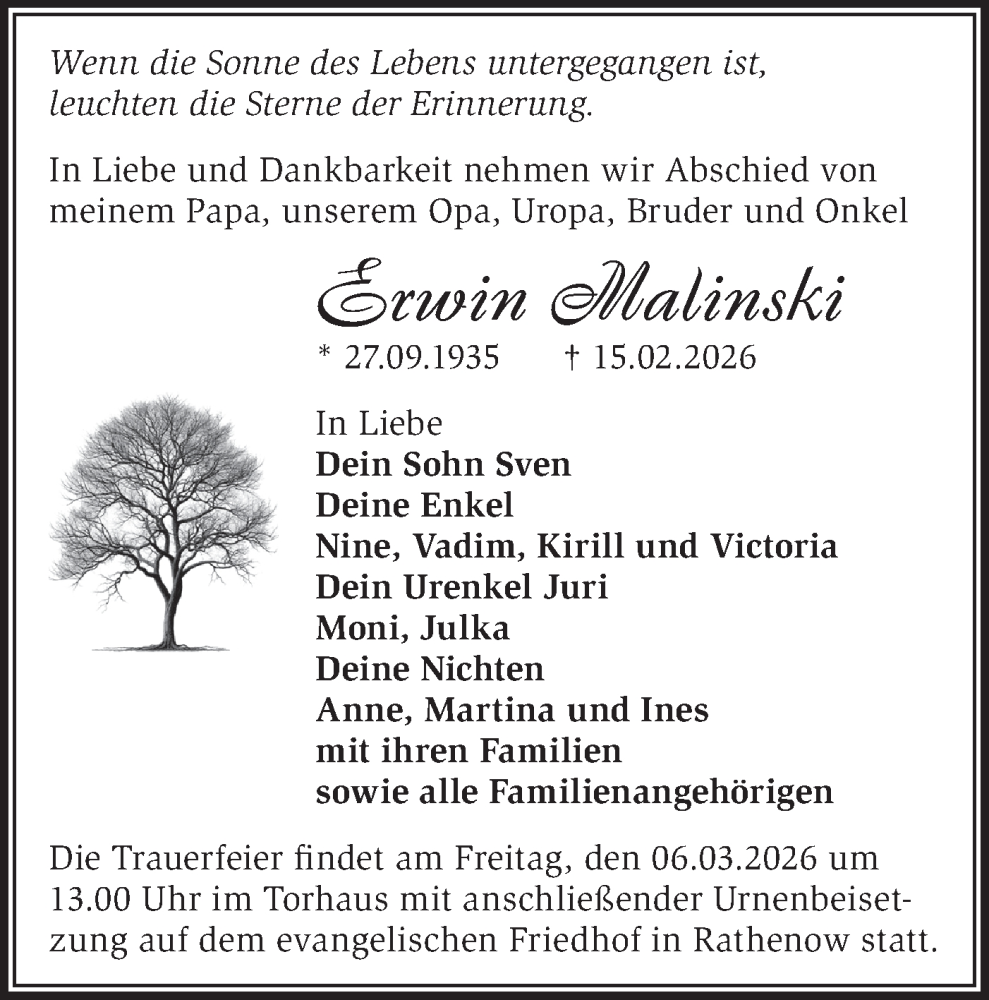  Traueranzeige für Erwin Malinski vom 21.02.2026 aus Märkische Oderzeitung