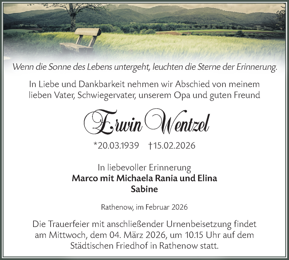  Traueranzeige für Erwin Wentzel vom 21.02.2026 aus Märkische Oderzeitung