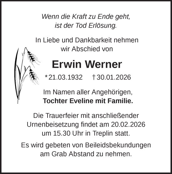 Traueranzeige von Erwin Werner von MO Oderld.-Echo