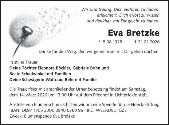 Traueranzeige von Eva Bretzke von Märkische Oderzeitung