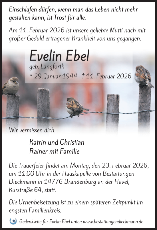 Traueranzeige von Evelin Ebel von Märkische Oderzeitung