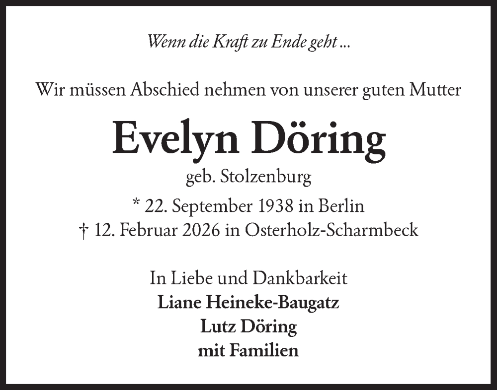  Traueranzeige für Evelyn Döring vom 21.02.2026 aus MO Uckerm.-Anz.