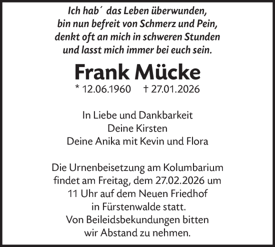 Traueranzeige von Frank Mücke von Märkische Oderzeitung