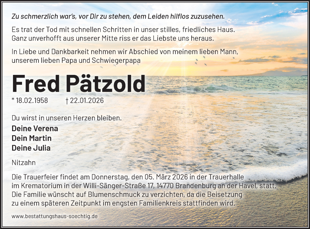  Traueranzeige für Fred Pätzold vom 07.02.2026 aus Märkische Oderzeitung