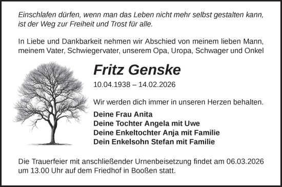 Traueranzeige von Fritz Genske von Märkische Oderzeitung