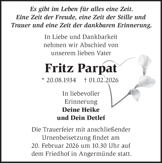 Traueranzeige von Fritz Parpat von MO Uckerm.-Anz.