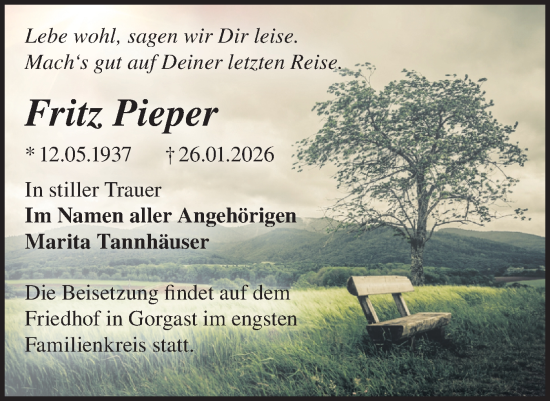 Traueranzeige von Fritz Pieper von MO Oderld.-Echo