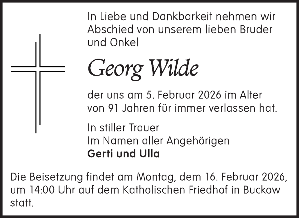  Traueranzeige für Georg Wilde vom 12.02.2026 aus Märkische Oderzeitung
