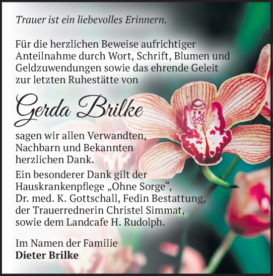 Traueranzeige von Gerda Brilke von Märkische Oderzeitung