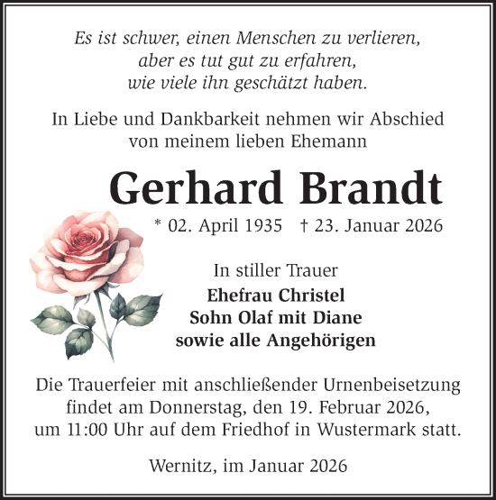 Traueranzeige von Gerhard Brandt von Märkische Oderzeitung