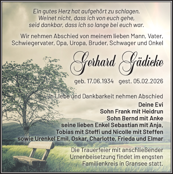 Traueranzeige von Gerhard Gädicke von Märkische Oderzeitung