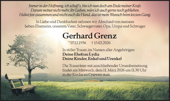 Traueranzeige von Gerhard Grenz von MO Uckerm.-Anz.