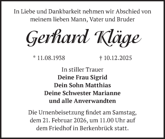 Traueranzeige von Gerhard Kläge von Märkische Oderzeitung