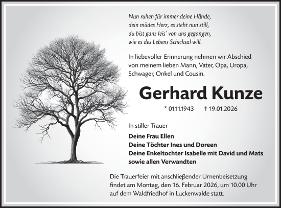Traueranzeige von Gerhard Kunze von Blickpunkt Jüterbog/Luckenwalde