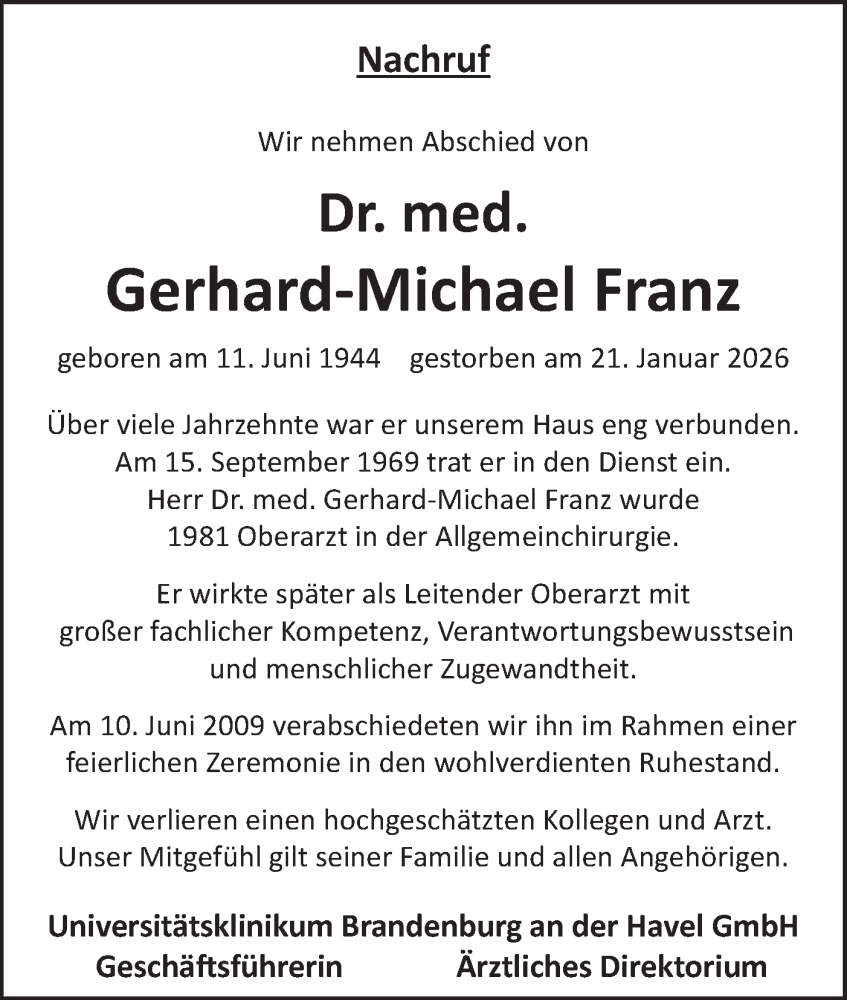  Traueranzeige für Gerhard-Michael Franz vom 07.02.2026 aus Märkische Oderzeitung