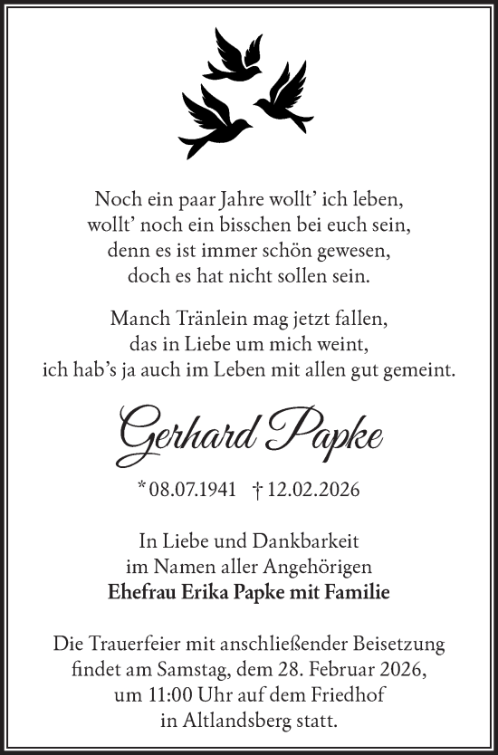 Traueranzeige von Gerhard Papke von Märkische Oderzeitung