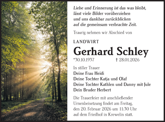 Traueranzeige von Gerhard Schley von Märkische Oderzeitung