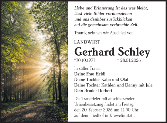Traueranzeige von Gerhard Schley von Märkische Oderzeitung