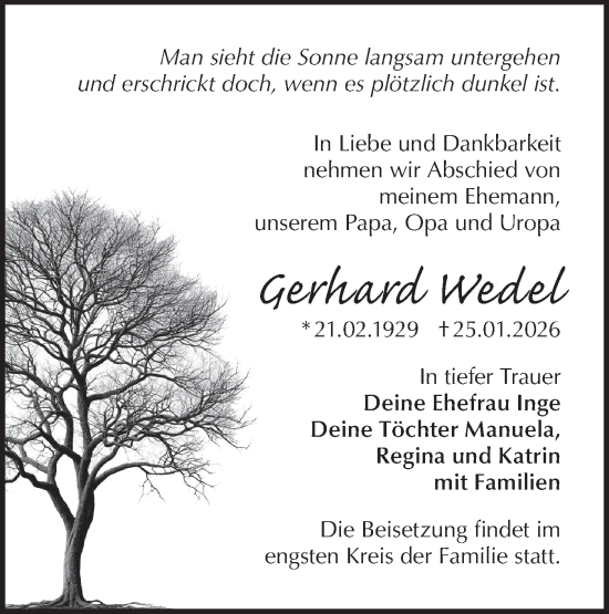 Traueranzeige von Gerhard Wedel von Märkische Oderzeitung