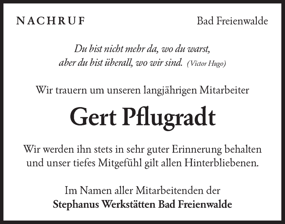  Traueranzeige für Gert Pflugradt vom 14.02.2026 aus Märkische Oderzeitung