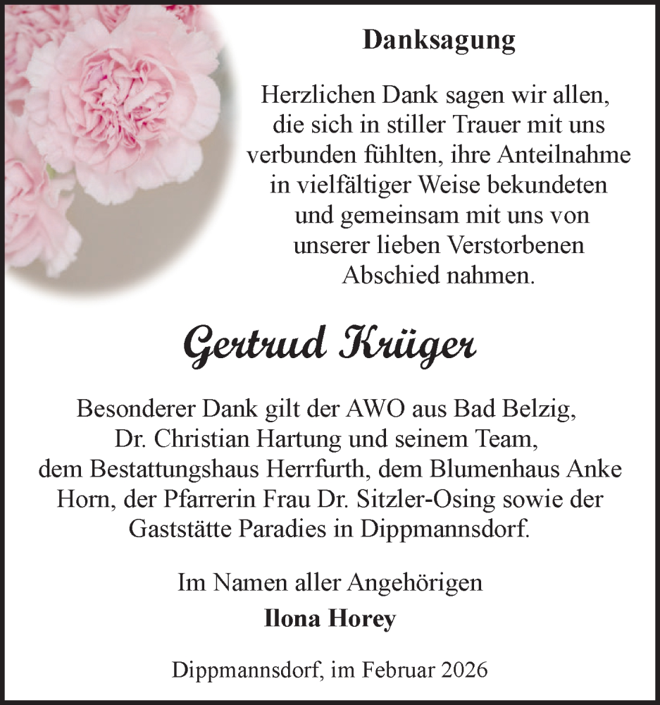  Traueranzeige für Gertrud Krüger vom 14.02.2026 aus Märkische Oderzeitung