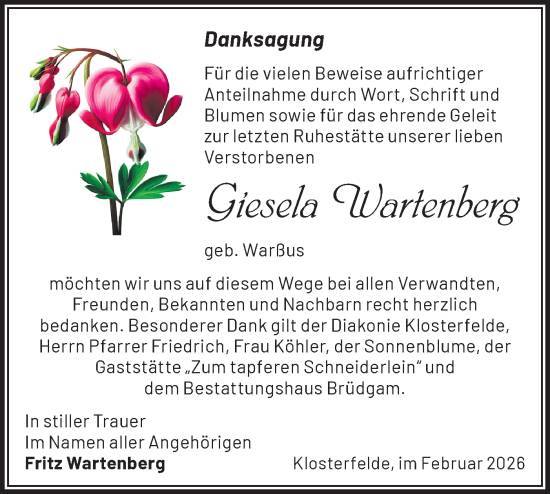 Traueranzeige von Giesela Wartenberg von Märkische Oderzeitung