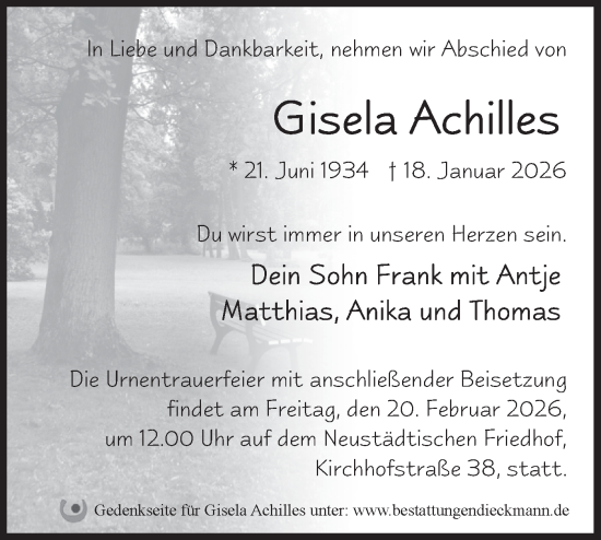 Traueranzeige von Gisela Achilles von Märkische Oderzeitung