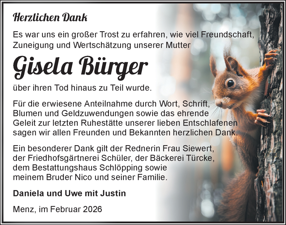  Traueranzeige für Gisela Bürger vom 07.02.2026 aus Märkische Oderzeitung