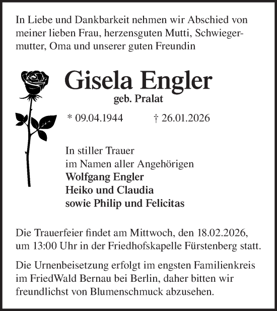 Traueranzeige von Gisela Engler von Märkische Oderzeitung
